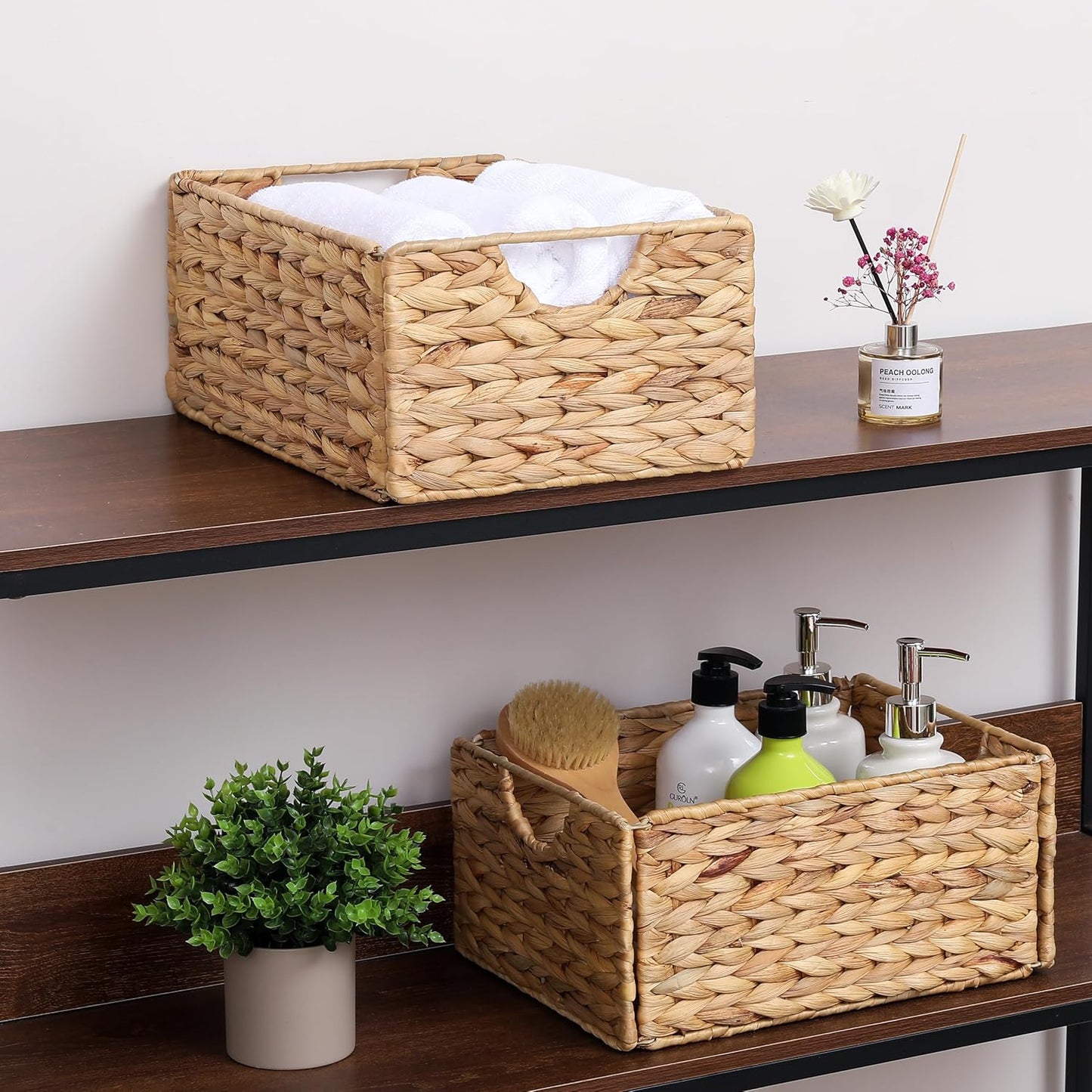 Water Hyacinth Pantry Baskets - Set of 4 Wicker Storage Baskets for Organized Shelves | 12.5 x 9.5 x 6 in