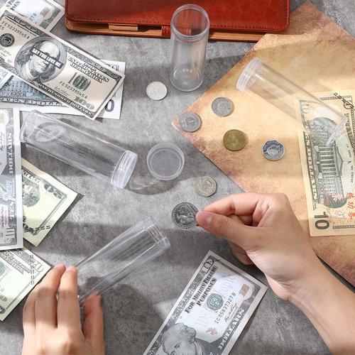 Roowest 30 Pieces Coin Storage Tube Penny Coin Tube Plastic Round Clear Penny Holder Container Organizer with Screw on Lid for Collection Supplies Bank Rolls