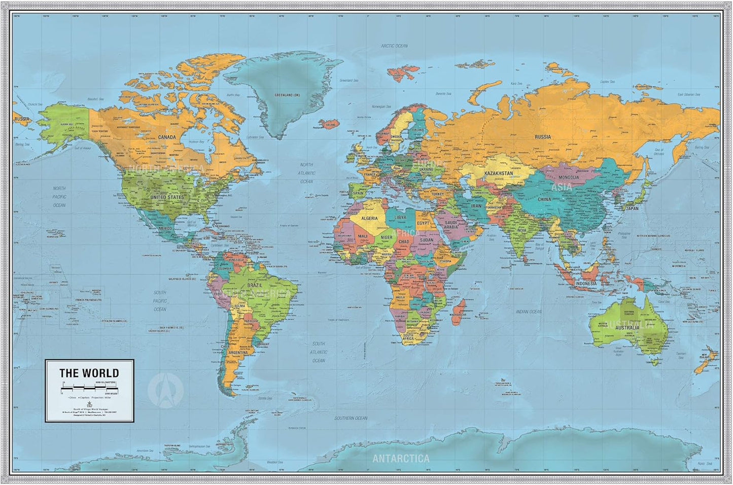 World Voyager Map Poster by Laminated - Bright Style with Clear Location Labels | 36” x 24” | Perfect for Home or Classroom
