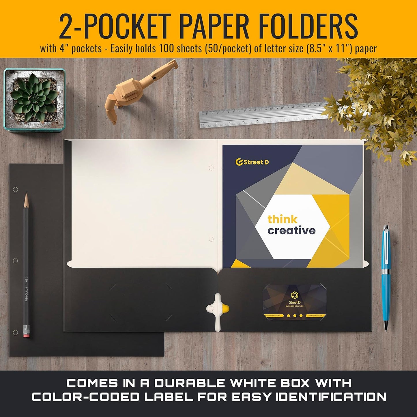 Better Office Products - Two Pocket Portfolio Folders | 50-Pack, Black, Letter Size
