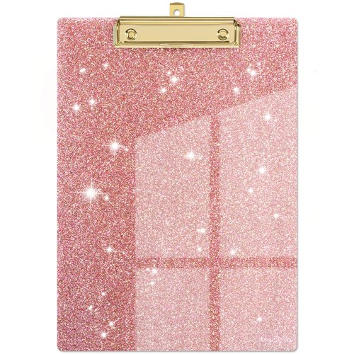 Piasoenc Acrylic Clipboards, Fashion Glitter Clip Board with Low Profile Gold Clip, Designed for Classroom School and Office Use, A4 Letter Size 9 x 12.5 in, Pink