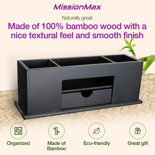 MissionMax Small Bamboo Black Caddy Desk Organizer and Storage with Drawer and Compartments for all your Office and Home needs