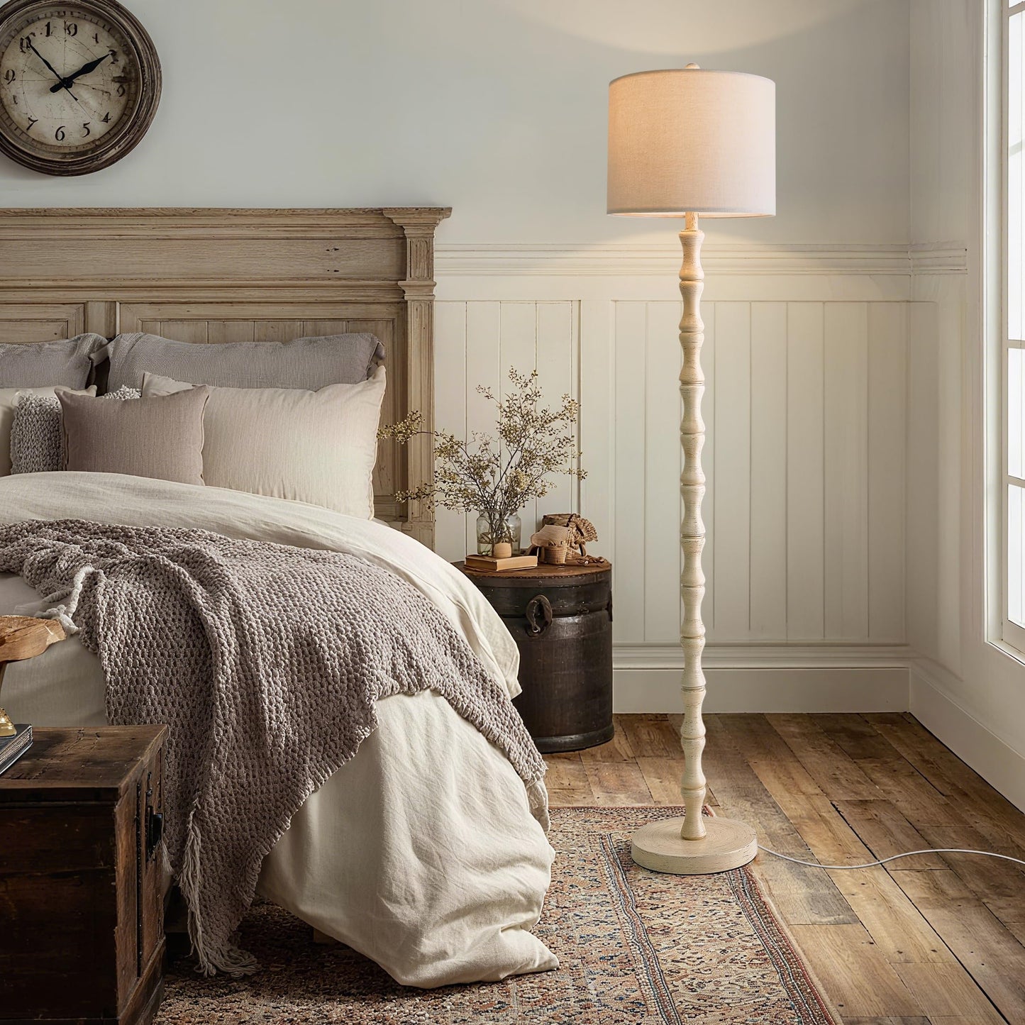 BOBOMOMO 62" Rustic Farmhouse Floor Lamp Antique White with Remote & Dimmable 9W Bulb, 3 Color Temperatures Resin Standing Lamp, Retro Tall Lamp for Living Room, Bedroom, Nursery, Office, Reading Nook