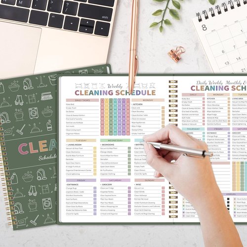Skiennix ADHD Cleaning Planner - Daily, Weekly & Monthly Checklist for Adults | Green Notebook