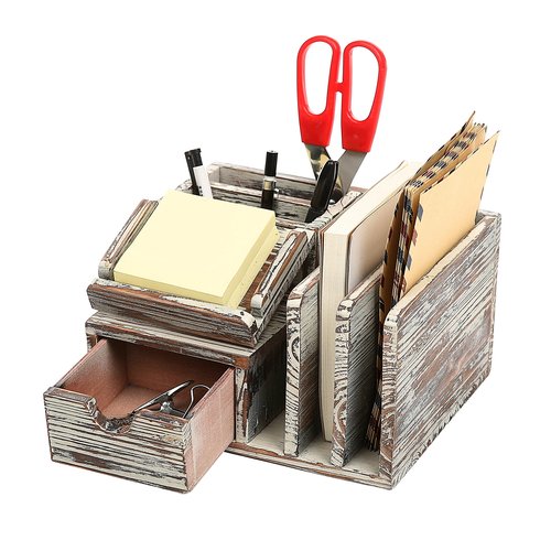 MyGift Rustic Torched Wood Desktop Organizer with Drawer, Mail Sorter, Sticky Note Pad Holder, Wooden Desk Storage Caddy for Office/Home
