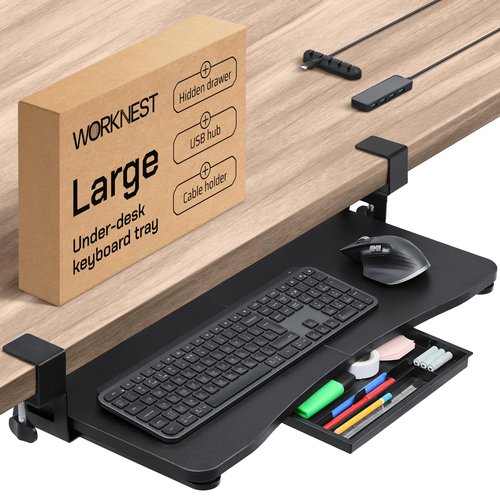 WORKNEST Keyboard Tray | Under Desk Keyboard Tray Slide Out w/Adjustable C-Clamps for Desks Up to 1.5-Inch-Thick | Clamp On Drawer with 1x USB-C to 4 USB-A Hub and 1x Five-Cable Management Organizer