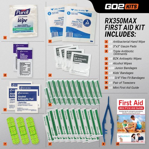 Go2Kits 54-Piece First Aid Kit, Basic Plus Emergency First Aid Kit for Home, Work & Travel, Red, 100-Pack (RX350MAX)