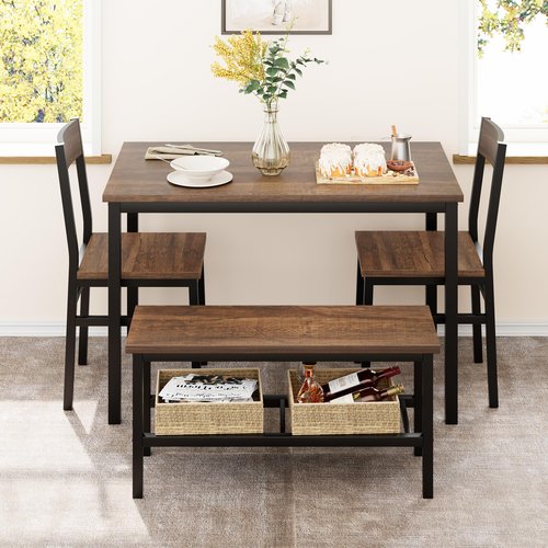 GarveeHome Dining Table Set for 4 with Bench, Kitchen Table Set with Bench, Dining Room Table Set with Storage Racks, Table and Chairs Set for Small Apartment, Kitchen, Dinette Table Set, Brown