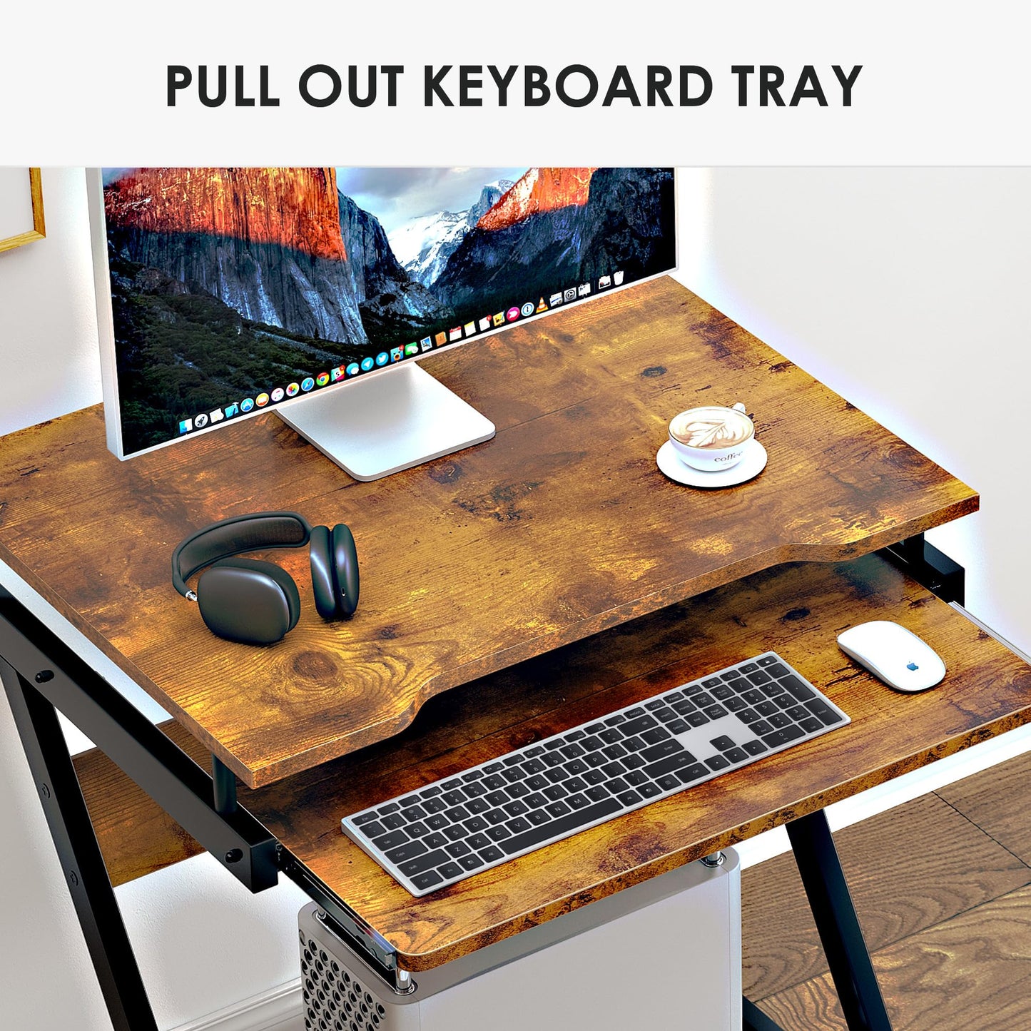 soges Small Rolling Computer Desk, Z Shape Laptop Desk Cart on Wheels, Mobile Computer Workstation for Home and Office with Keyboard Tray, Rustic Brown