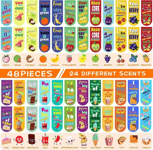 Skiennix 48-Pack Scented Bookmarks | Magnetic Scratch & Sniff Fruit Page Markers for Kids
