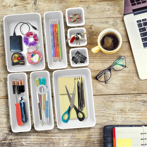 8 Pc. Drawer Organizer Bin – Space Saver Plastic Stacking Modular Kitchen, Bedroom, Office and Bathroom Vanity Storage Compartment Tray by Lavish Home White