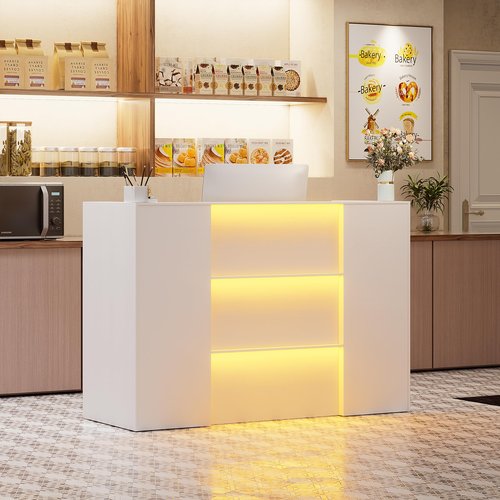 PAKASEPT Modern Reception Desk with LED Lights, 63 Inches Front Counter Table with Lockable Drawer & Shelves, Checkout Counter for Reception Room, Lobby, Beauty Salon, Retail,Office
