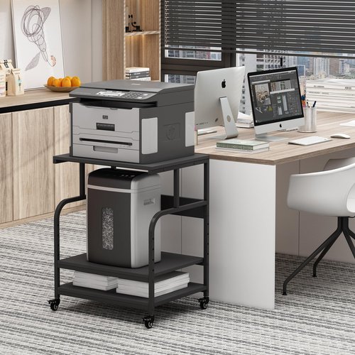 Fannova Printer Stand, 23.6 x18.9 x 30 Inches Large Printer Table with Adjustable Storage Shelf, 3 Tier Rolling Printer Cart with Wheels for Home Office, Stand for Heat Press Mini Fridge, Black