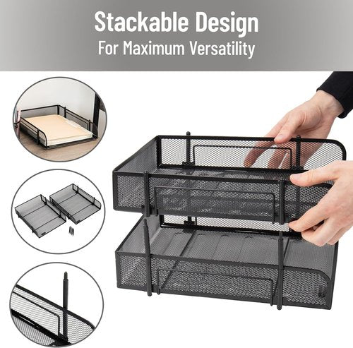 Mind Reader Stackable Paper Tray - Metal Mesh Desktop Organizer for Office | 2-Piece Set in Black
