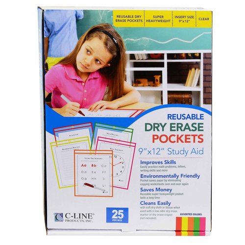 C-Line Reusable Dry Erase Pockets, 9 x 12 Inches, Assorted Neon Colors, 25 Pockets per Pack (40820)