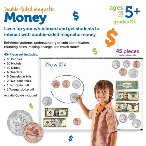 Learning Resources Double-Sided Magnetic Money 45 Pieces, Ages 5+ Play Money for Kids, Pretend Play Money, Classroom and Teacher Supplies