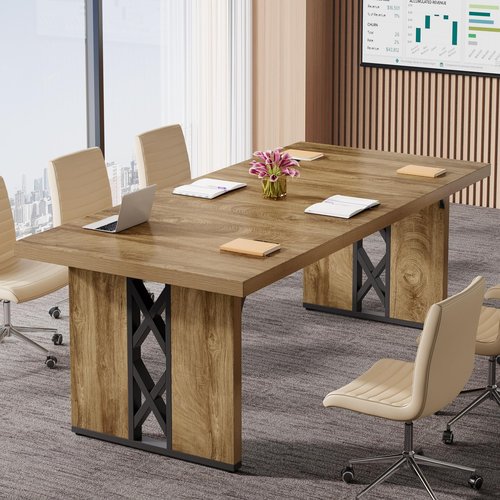 Tribesigns 6 ft Long Conference Table, 70.87" W x 31.5" D Office Conference Room Table with Strong Metal Legs, Rectangle Meeting Seminar Desk for Business Boardroom, Brown & Black