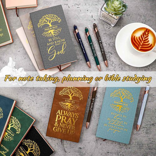 Crtiin 20 Sets/ 40 Pcs Christian Gifts Bulk Religious Notebooks Church Notepads with Motivational Pens Tree of Life Bible Verse Leather Prayer Journal Gifts for Men Women(Neutral Colors)