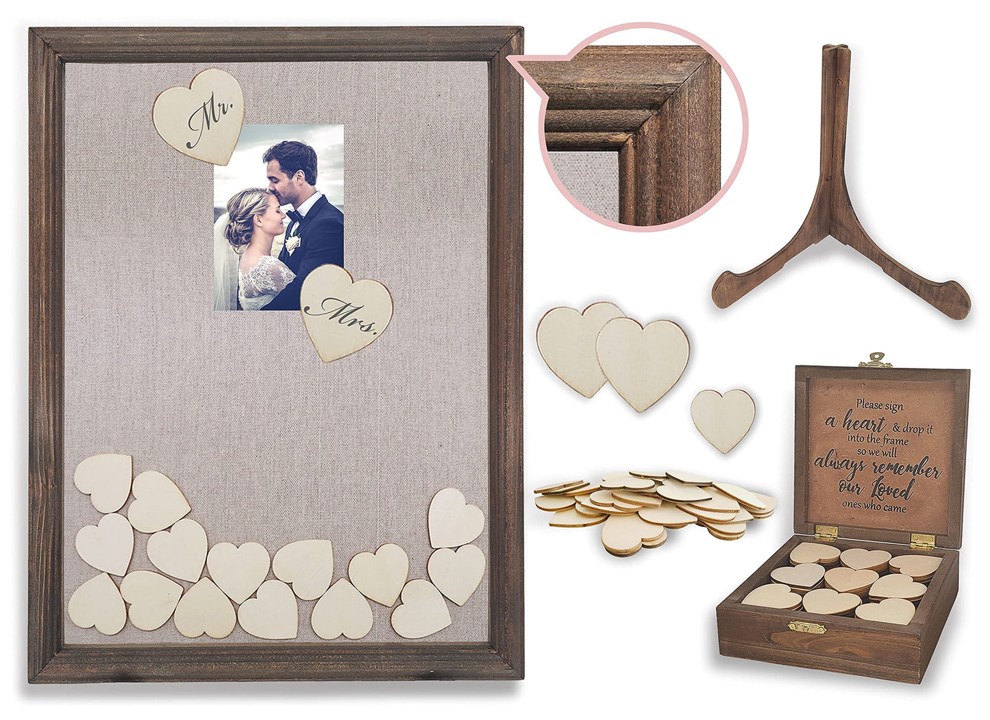 PMPX Wedding Guest Book Alternative Barn Wood Drop Top Frame with Stand, 90 Wood Hearts, Matching Box with Message Inside The Lid. Weddings, Bridal or Baby Shower, Anniversary, or Special Event.