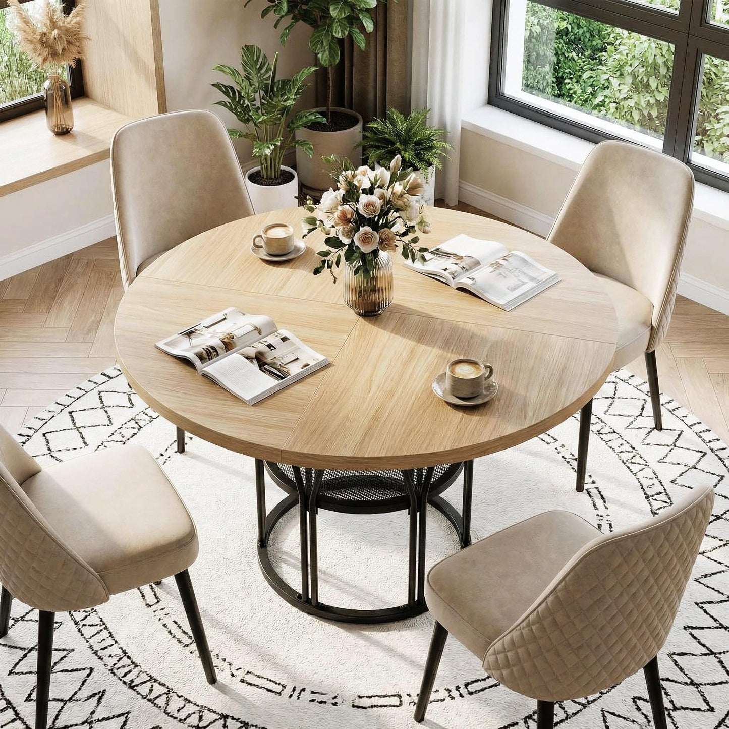 Garvee Round Dinning Table for 4-6 - 47" Circle Dinner Table with Storage Shelf & Sturdy Metal Frame, Modern Breakfast Tea Desk for Kitchen, Living Room, Apartment, Office, Natural