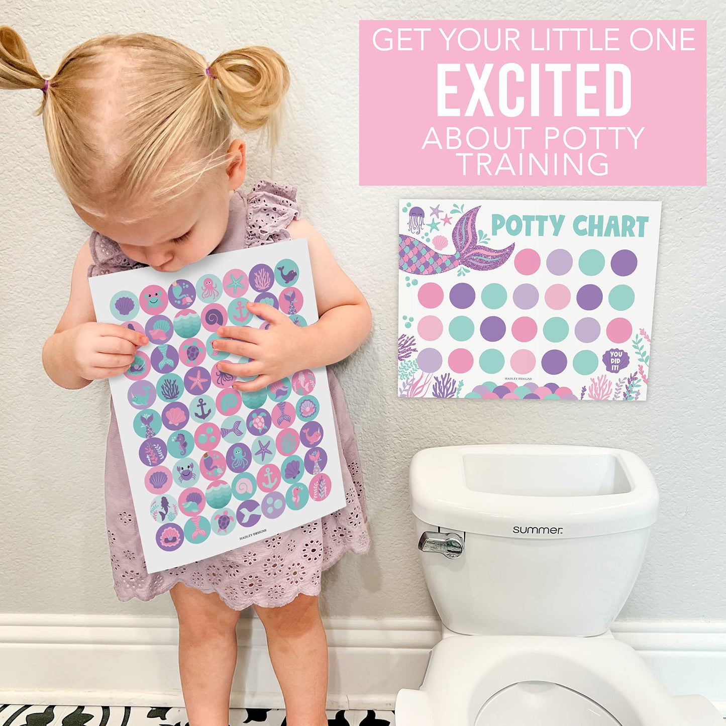 Hadley Designs Potty Training Chart for Toddlers Girls -10 Sticker Potty Chart for Toddlers Girls, 8.5x11" Potty Training Sticker Charts for Toilet Success, Mermaid Toddler Reward Chart for Kids