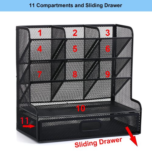 AUSTARK Desk Organizer with Drawer, Desktop Stationery Organizer, Pen Holder for Desk, Mesh Metal Desk Accessories Workspace Organizers for Art Supplies Office School Home (Black)
