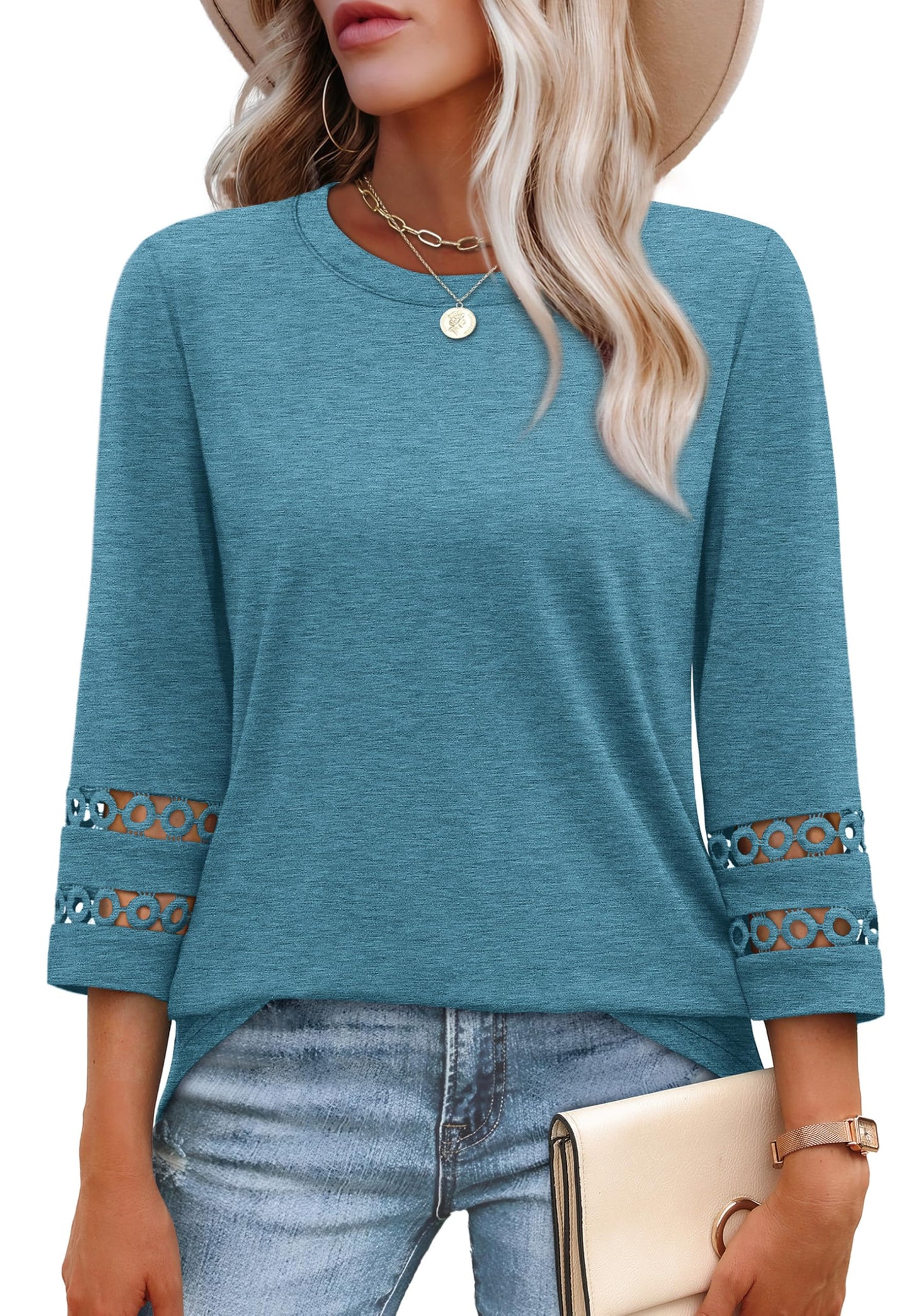 Oversized Tshirts for Women 3/4 Sleeve Blouses for Women Dressy Casual Work Shirts Fashing Clothes Turquoise 3XL