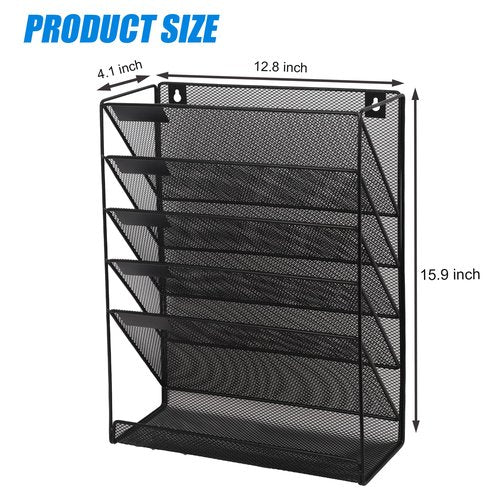 EASEPRES 5+1 Tier Mesh Desk File Organizer, Hanging Wall Mount Document Organization Stand, Desktop Vertical Mail Paper Folder Holder Rack with Bottom Tray for Office Home Cubicle, Black