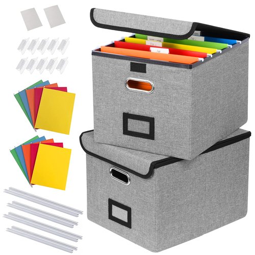 DECOSIS 2Pack File Storage Organizer with 10 Hanging Folders & Plastic Slide, Collapsible Linen File Box with Lid for Office, Home, Moving, Portable File Storage Organizer for Letter/Legal Size, Pink