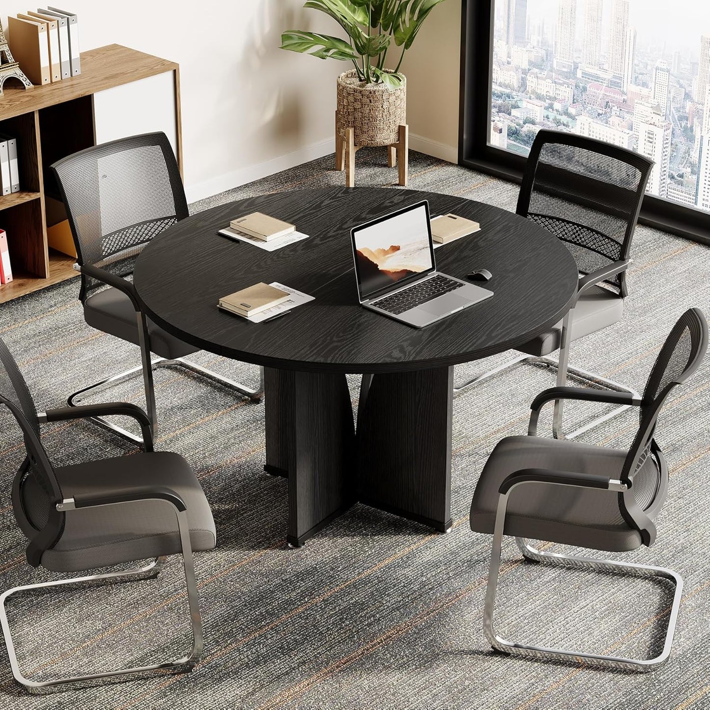 LITTLE TREE 39-Inch Small Conference Table for 4, Round Meeting Table with X-Shape Pedestal, for Office, Conference Room, Small Spaces, Black