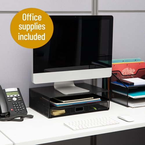 Mind Reader Back to School All in One Bundle for College and Office Monitor Stand with 25 Pc. Supplies included, Storage, Metal, 15.75"L x 11.75"W x 4.5"H, Black