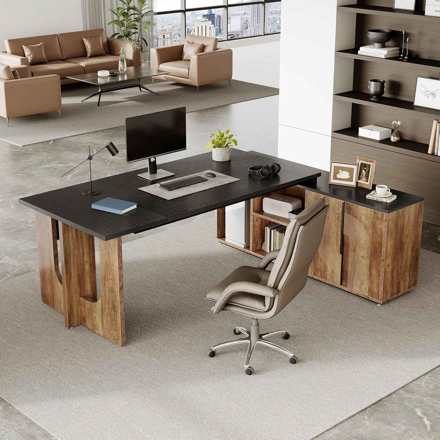 LITTLE TREE 74-Inch Executive L-Shaped Desk with Storage Cabinet & Shelves, Large Home Office Computer Desk, Modern Business Workstation for Professionals (Brown & Black)