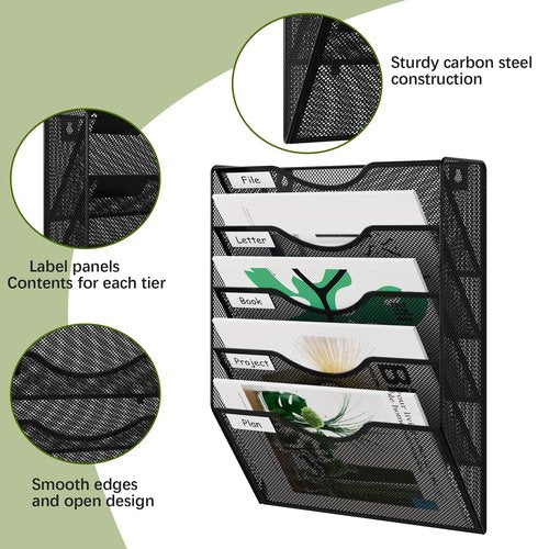 EasyPAG 5 Pocket Mesh Hanging Wall File Organizer, Easily File Managment and Classification, Space Saving Wall Mount Filing Holder for Office Home Classroom, Black