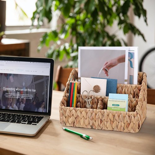 DINGTAI Natural Desk Organizer - Large Water Hyacinth Mail Holder & Tabletop Storage Solution