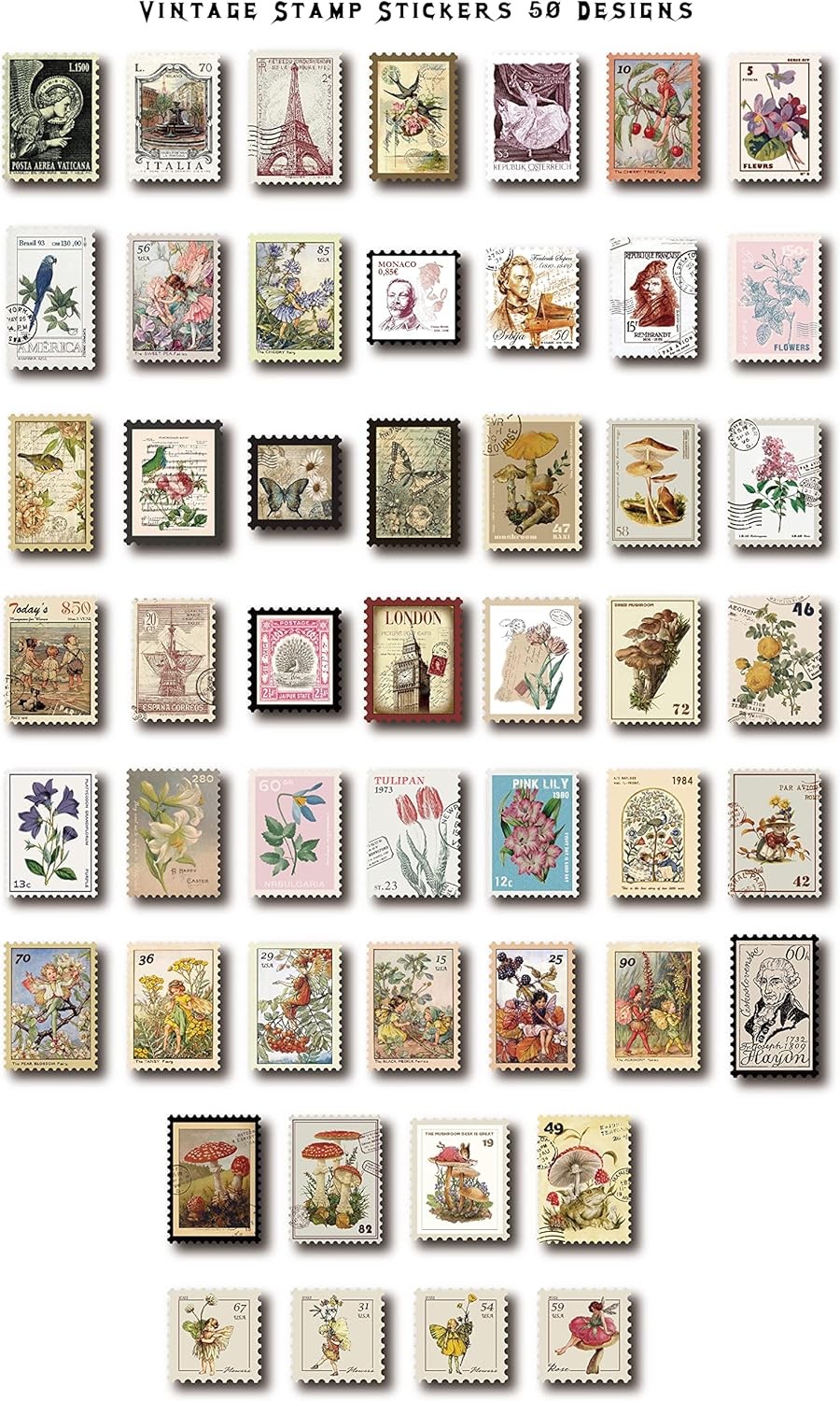 Skiennix Vintage Postage Stamp Stickers - 100 Pcs Deco Paper for Scrapbooking & DIY Crafts | Botanical Fairy Design