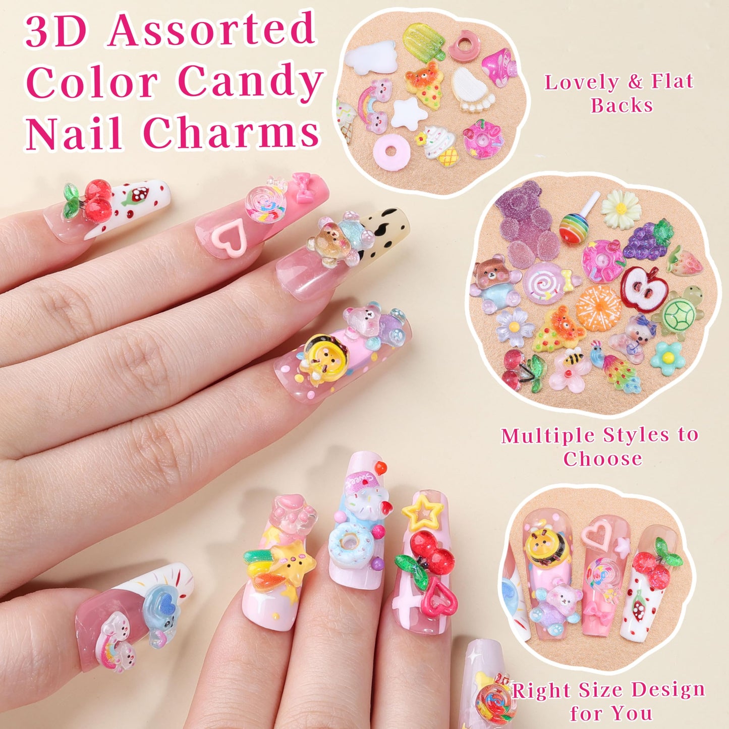 250Pcs 3D Kawaii Nail Charms Kit, Mixed Cartoon Candy Animal Fruit Resin Charms Flatback Gummy Bear Slime Charms Cute Star Heart Butterfly Daisy Flower Nail Supplies for Nails Phone Cases DIY Crafts