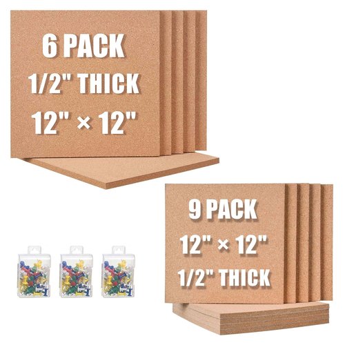 SUNGIFT Cork Board 12"x12" - 1/2" Thick Square Bulletin Boards Cork Tiles with 150 Push Pins Mini Wall, 15 Pack Self-Adhesive Corkboards for Wall