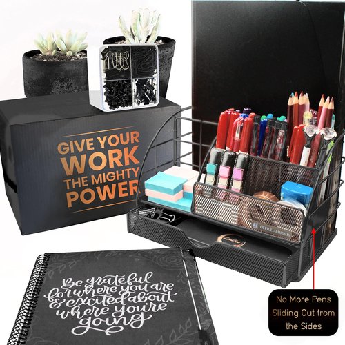 OFFICE ALMIGHTY Black Desk Organizer for Men: Exclusive Large 7 in 1 Mesh Coated Metal Supplies Organizer with Pen Holders, Folder Holder & Accessories Drawer & 171 Clips Set w/a Plastic Box