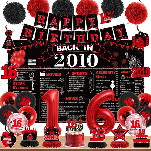 DARUNAXY 16th Birthday Party Decorations for Boys, Black Red Back in 2010 Banner, Red 16 Number Balloons & Cake Topper, Vintage 2010 Sweet 16 Birthday Honeycomb Hanging Swirl Confetti Balloons(30PC)