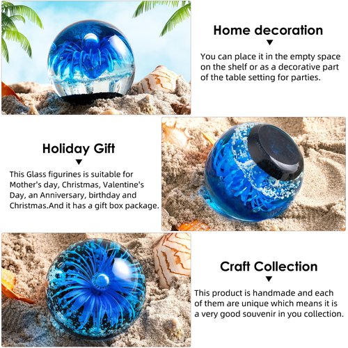EUSTUMA Blue Hand Blown Glass Anemones Sculpture, 3.15x3.15x3.15 inches, 1.52 lbs, Paperweight, Fish Tank Ornament, Figurine Gift Box, Home Decoration