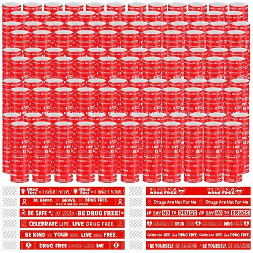 Fuyoooo 2400 Pcs Red Ribbon Week Wristbands Bulk - Drug Free Red Ribbon Week Paper Bracelets Inspirational Awareness Supplies for Anti-Drugs Campaigns, Awareness Events