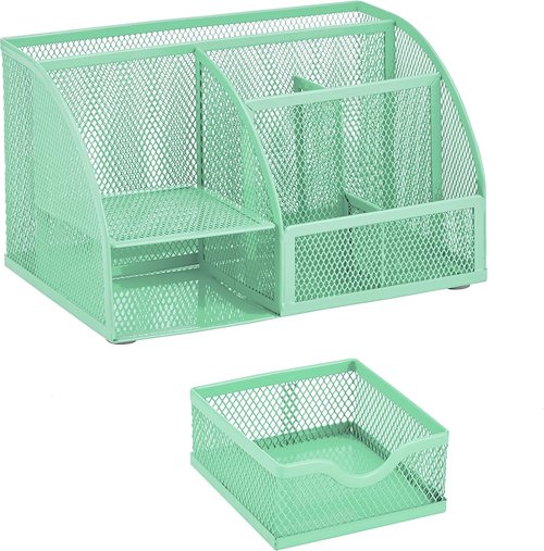 Annova Mesh Desk Organizer - 7 Compartments & Drawer | Multifunctional Office Tidy in Green