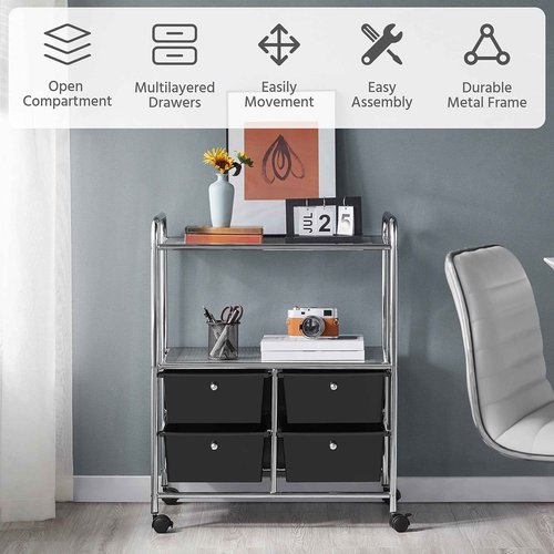 Yaheetech Rolling Storage Cart with 4 Drawers 2 Shelves Plastic Trolley on Wheels for Home Office School Beauty Salon, Black
