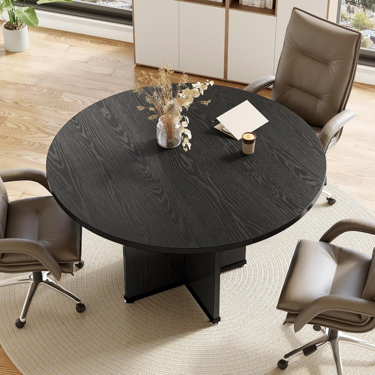 LITTLE TREE 39-Inch Small Conference Table for 4, Round Meeting Table with X-Shape Pedestal, for Office, Conference Room, Small Spaces, Black