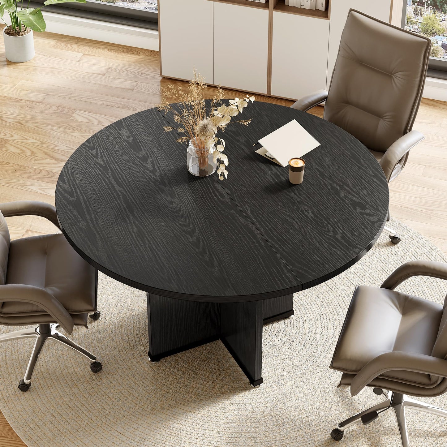 LITTLE TREE 39-Inch Small Conference Table for 4, Round Meeting Table with X-Shape Pedestal, for Office, Conference Room, Small Spaces, Black