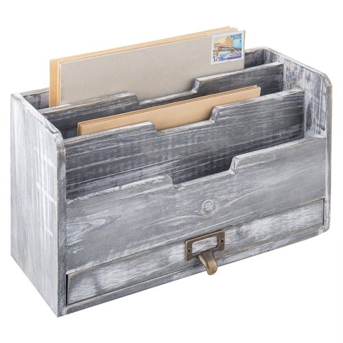 MyGift 3 Slot Rustic Dark Gray Wood Office Desk File Organizer Holder, Desktop Mail Letter Sorter Tray Document Holder with Pull-Out Storage Drawer
