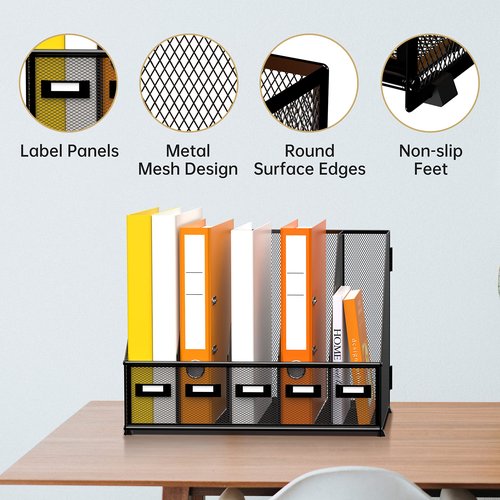 DALTACK Desk Organizers Metal Magazine File Holder with 5 Vertical Compartments Folder Storage Binder Organizer for Office Home School Organization, Black Plus