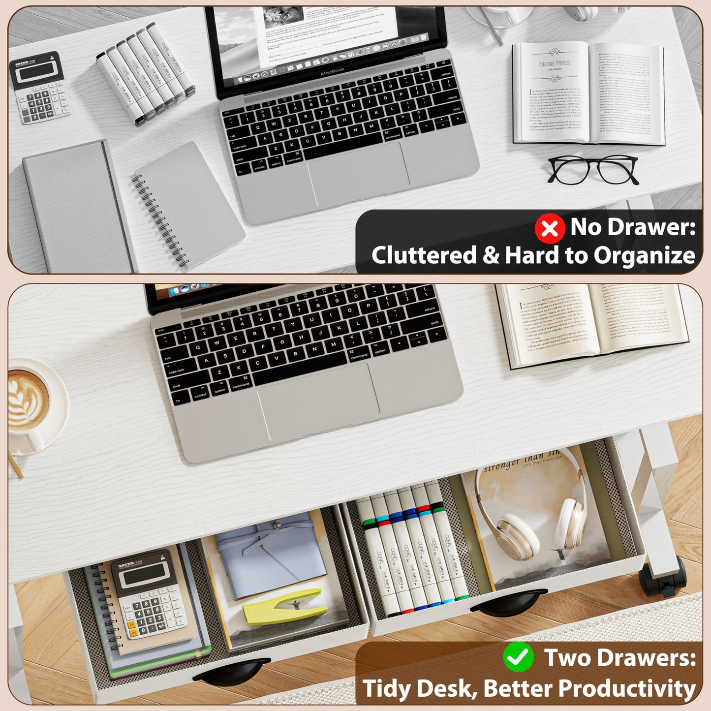 Adjustable Height Standing Desk with 2 Storage Drawers, Mobile Rolling Sit Stand Desk with Lockable Wheels, Stable Height Adjustable 31.5"-43.3" Computer Workstation for Treadmill, Home Office Study