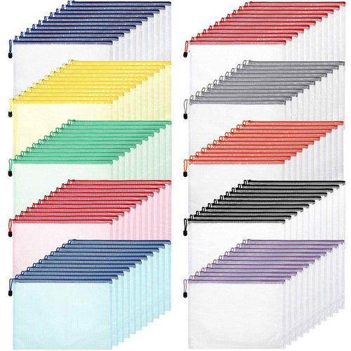 Zhehao 100 Pcs A4 Mesh Zipper Pouch Bag Bulk Mesh Pouch with Zipper Waterproof Clear Storage Bag for School Office Supplies Cosmetics Travel(A4(13.19 x 9.45 In),Vivid Color)
