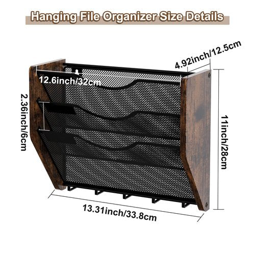 PAG-Mass Wall File Organizer With Hooks,3 Tier Mesh Mail Organizer Wall Mounted,Hanging File Organizer,Magazine Holder for Documents,Magazine,Literature,File,Mails,Envelopes